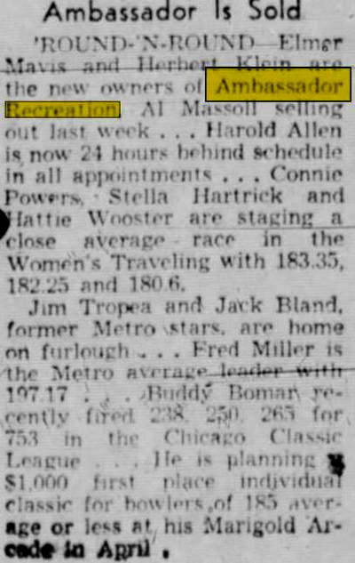 Ambassador Lanes (Argyle Lanes) - Jan 1944 Al Masoll Sells Out (newer photo)